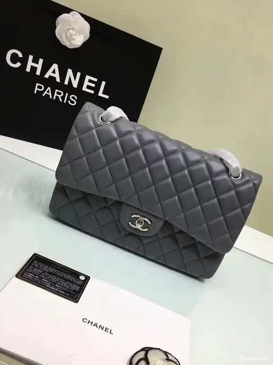 Firstbag Ru Bag Gold Leather Size 30cm Grey Silver With Lambskin 1112 Hardware Large CHANEL Flap 0511